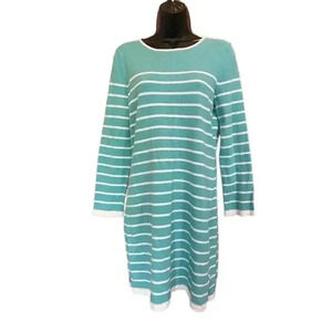 SAIL TO SABLE Aqua and White Striped Long Sleeve Dress - size Medium